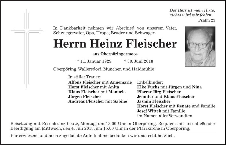 Traueranzeige Heinz Fleischer