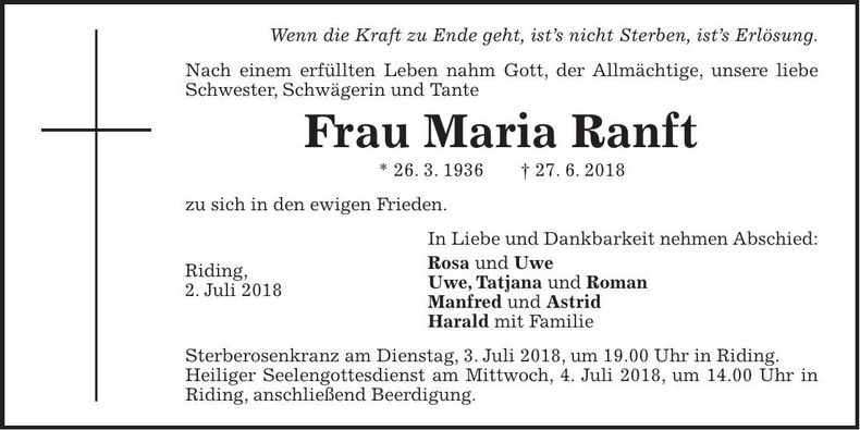 Traueranzeige Maria Ranft
