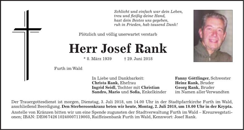Traueranzeige Josef Rank