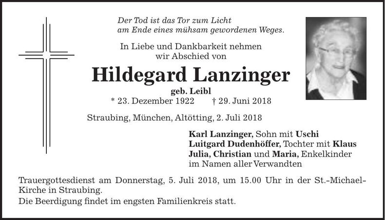 Traueranzeige Hildegard Lanzinger