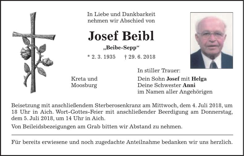 Traueranzeige Josef Beibl