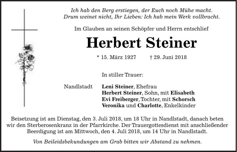 Traueranzeige Herbert Steiner