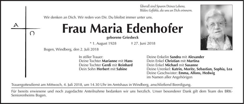 Traueranzeige Maria Edenhofer