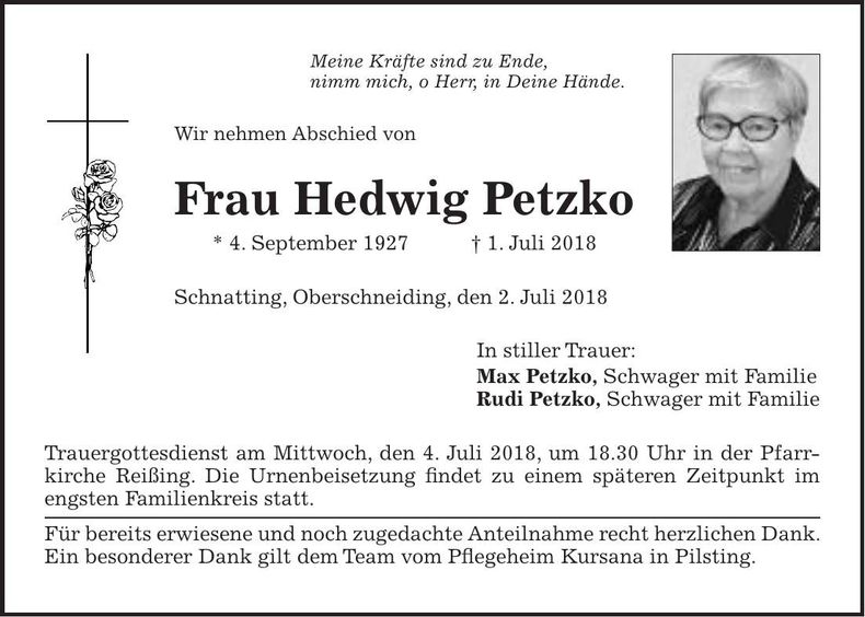 Traueranzeige Hedwig Petzko