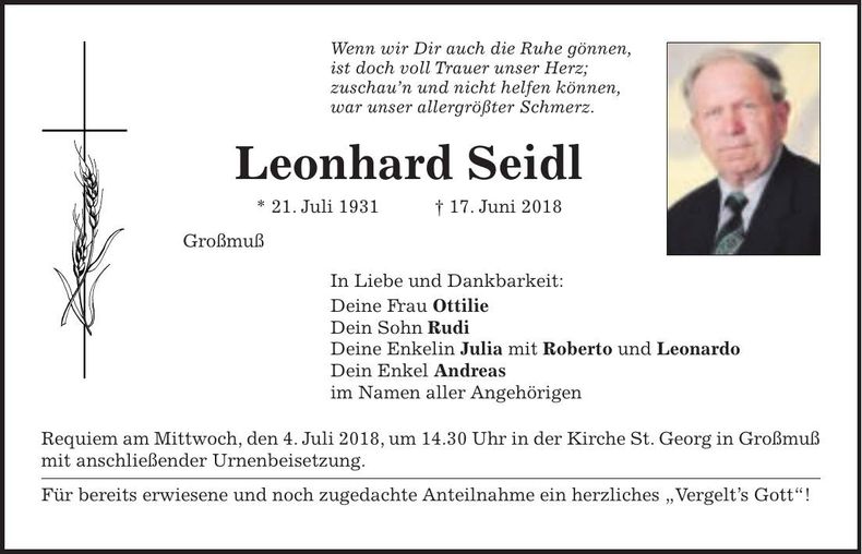 Traueranzeige Leonhard Seidl
