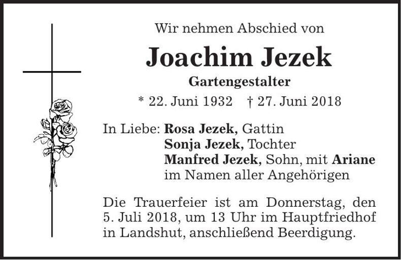 Traueranzeige Joachim Jezek