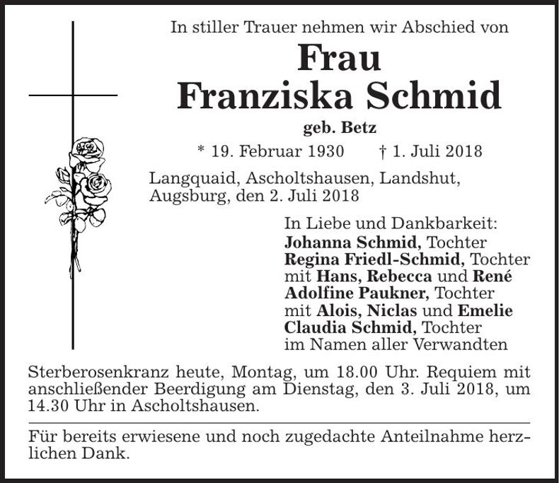 Traueranzeige Franziska Schmid