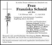 Traueranzeige Franziska Schmid
