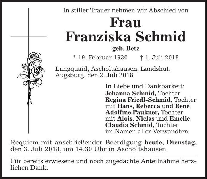 Traueranzeige Franziska Schmid