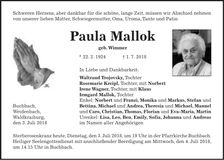 Traueranzeige Paula Mallok