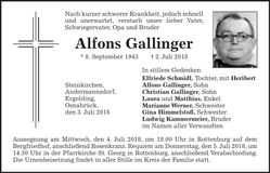 Traueranzeige Alfons Gallinger