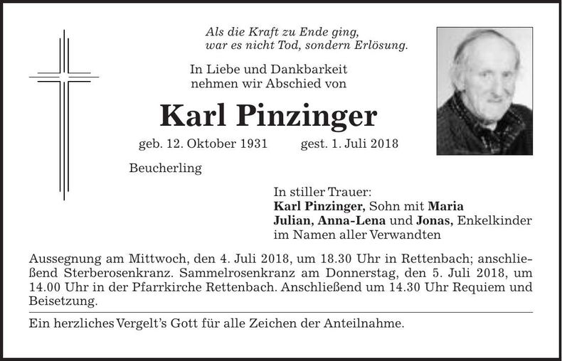 Traueranzeige Karl Pinzinger