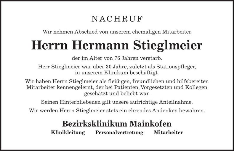 Traueranzeige Hermann Stieglmeier