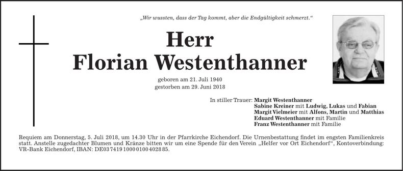 Traueranzeige Florian Westenthanner