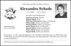 Traueranzeige Alexandra Schade
