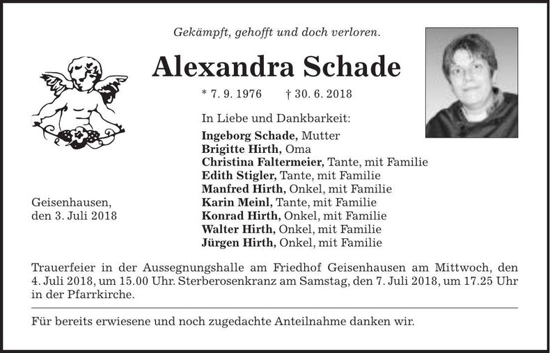 Traueranzeige Alexandra Schade