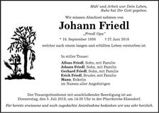 Traueranzeige Johann Friedl