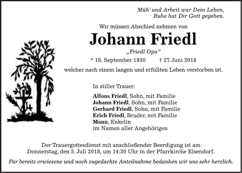 Traueranzeige Johann Friedl