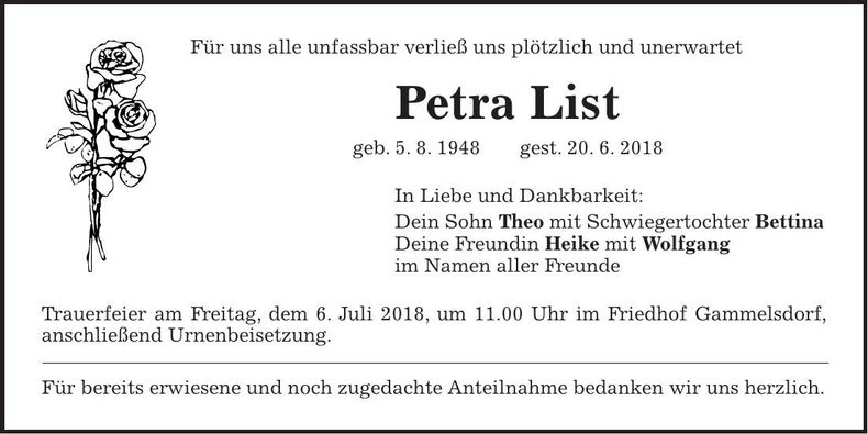 Traueranzeige Petra List