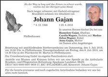Traueranzeige Johann Gajan