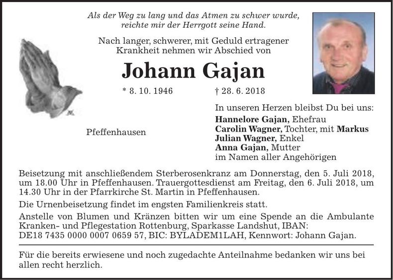 Traueranzeige Johann Gajan