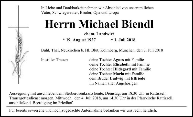 Traueranzeige Michael Biendl