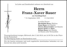 Traueranzeige Franz-Xaver Bauer