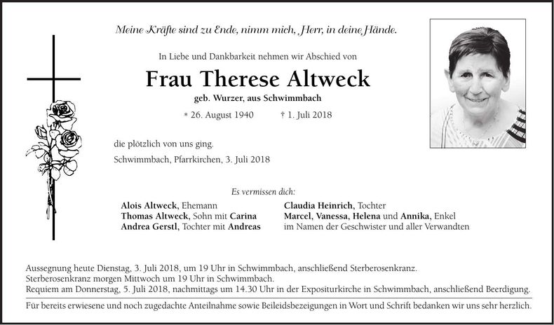 Traueranzeige Therese Altweck