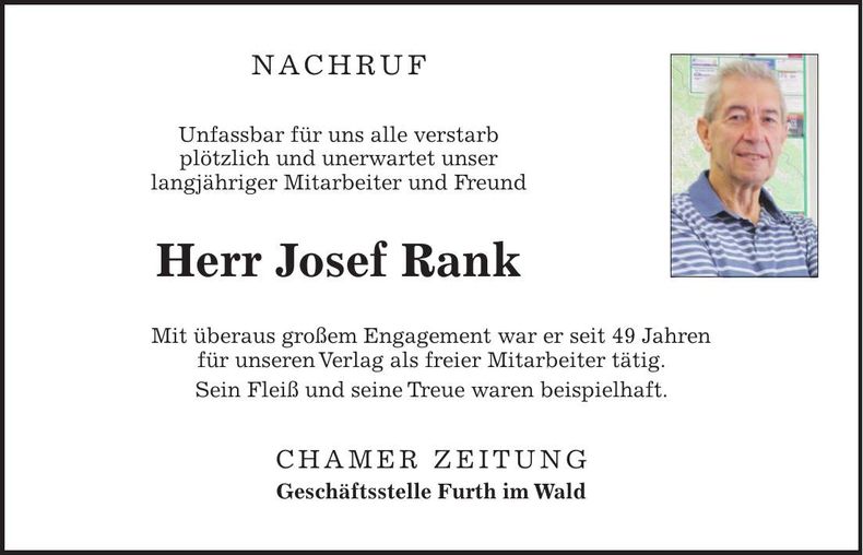 Traueranzeige Josef Rank
