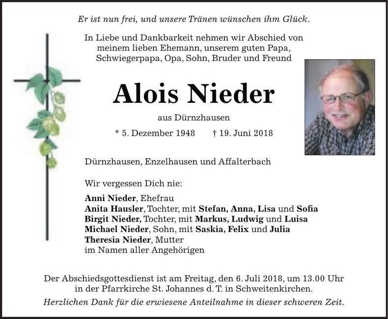 Traueranzeige Alois Nieder