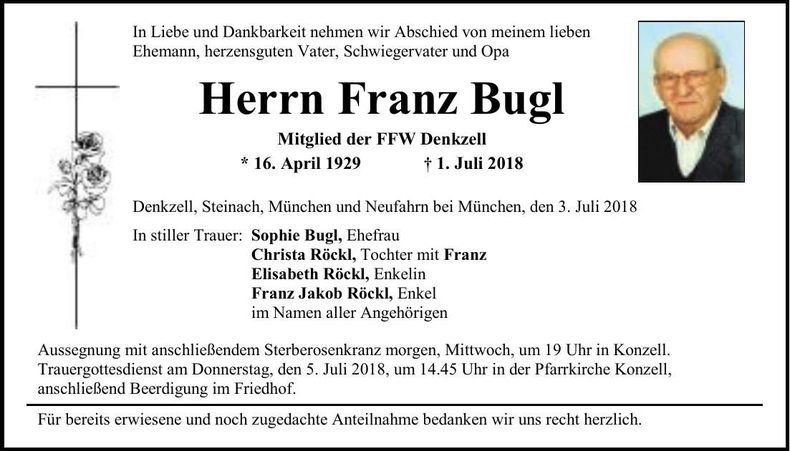 Traueranzeige Franz Bugl