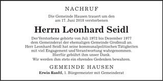 Traueranzeige Leonhard Seidl