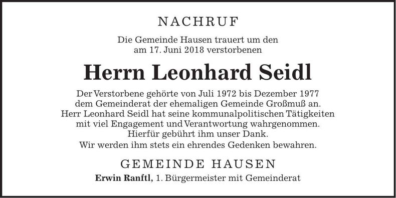 Traueranzeige Leonhard Seidl