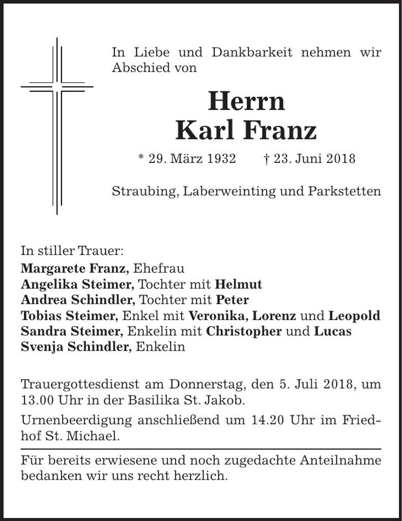 Traueranzeige Karl Franz