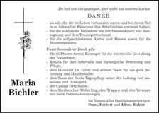 Traueranzeige Maria Bichler