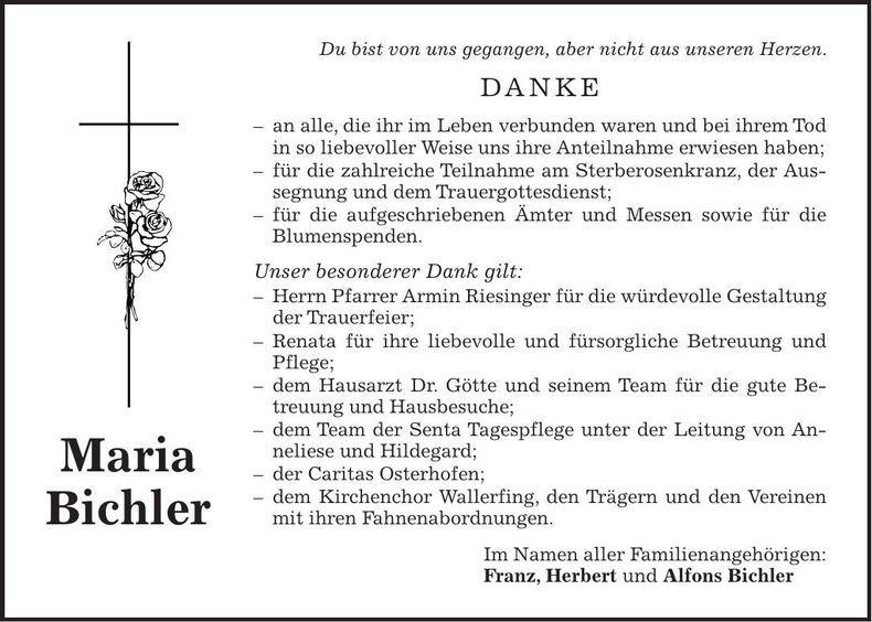 Traueranzeige Maria Bichler