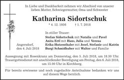 Traueranzeige Katharina Sidortschuk