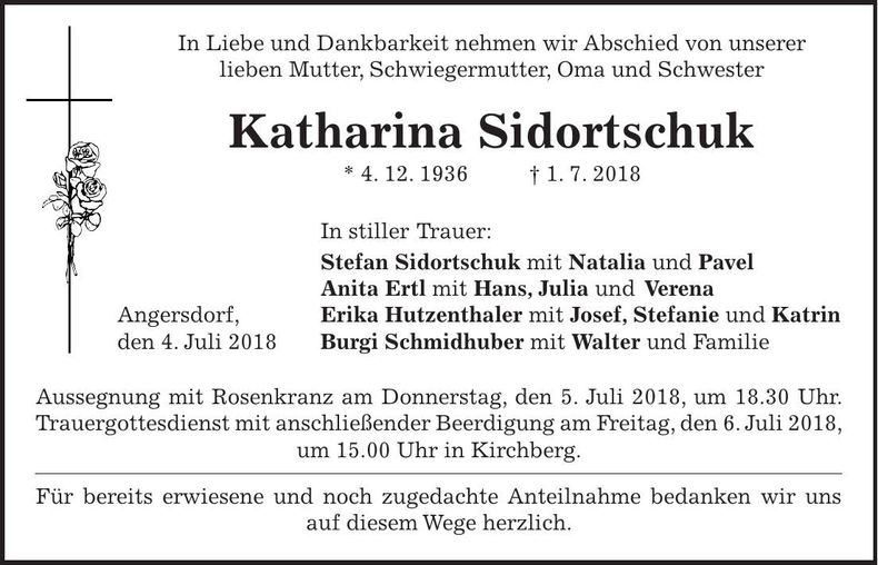 Traueranzeige Katharina Sidortschuk