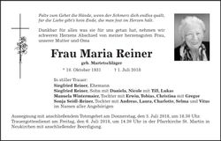 Traueranzeige Maria Reiner