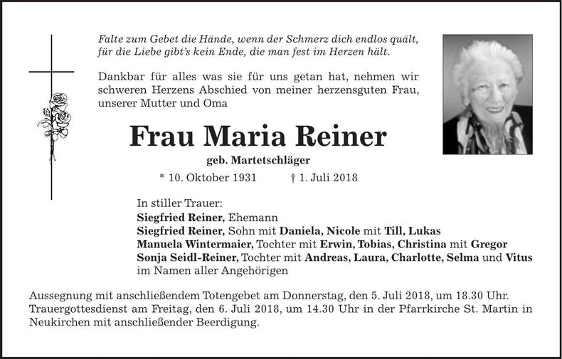 Traueranzeige Maria Reiner