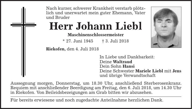 Traueranzeige Johann Liebl