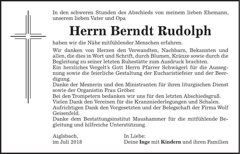 Traueranzeige Berndt Rudolph
