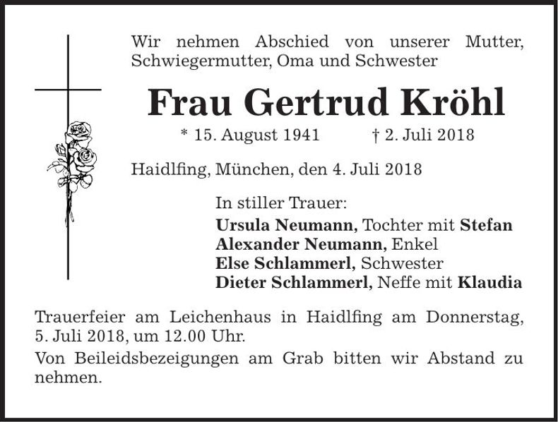 Traueranzeige Gertrud Kröhl
