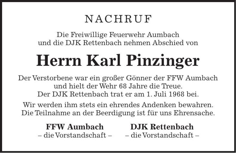 Traueranzeige Karl Pinzinger