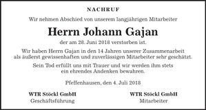 Traueranzeige Johann Gajan