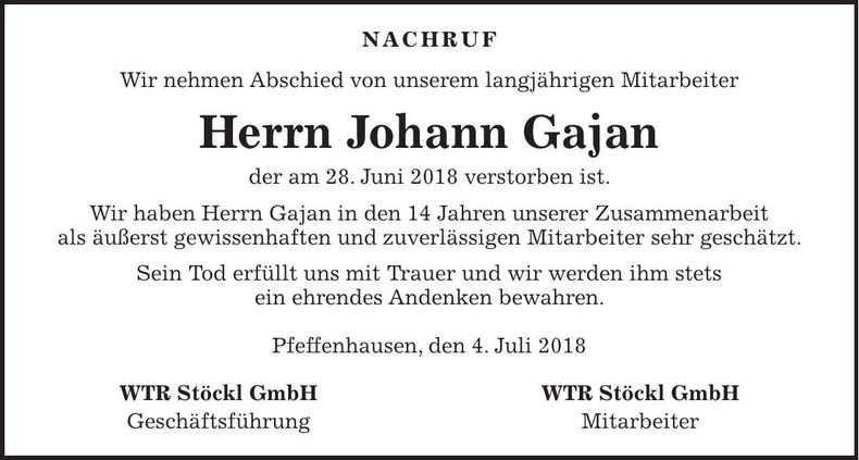 Traueranzeige Johann Gajan