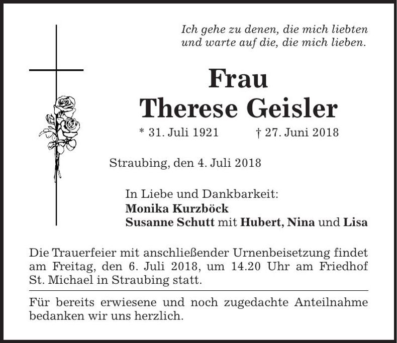 Traueranzeige Therese Geisler