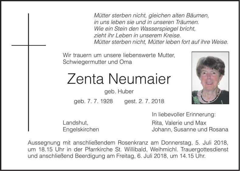 Traueranzeige Kreszentia Nerumaier