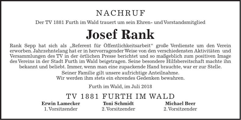 Traueranzeige Josef Rank