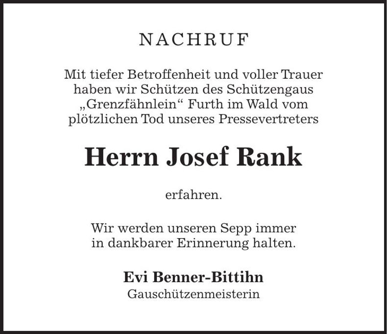 Traueranzeige Josef Rank
